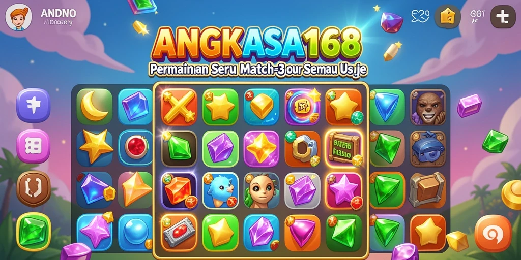 Tangkapan layar menunjukkan gameplay seru ANGKASA168 dengan permata berwarna-warni.