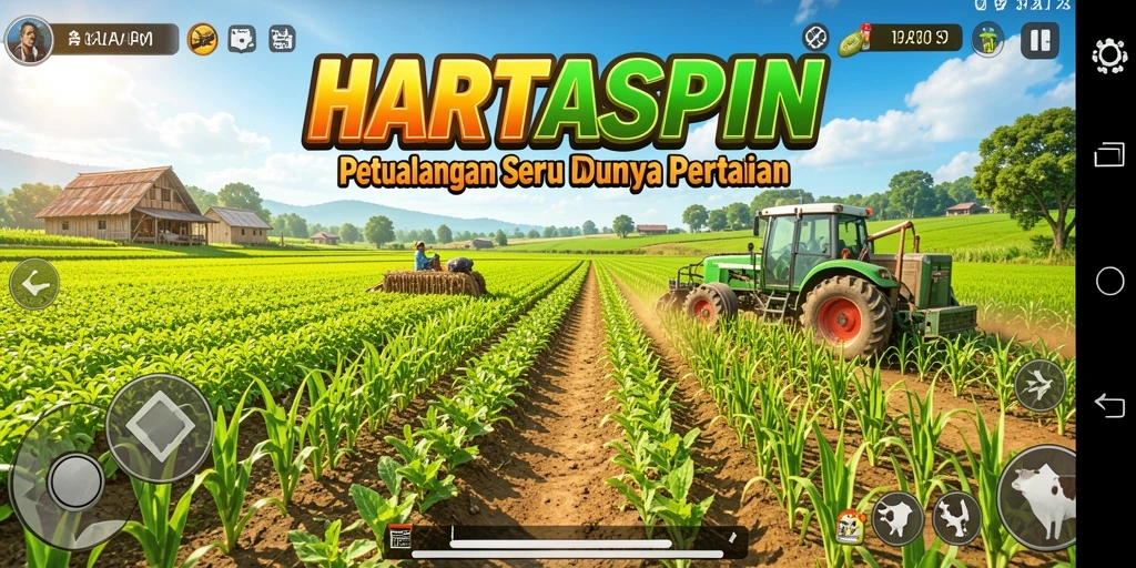 Tampilan gameplay HARTASPIN yang menampilkan pertanian yang megah dan interaksi sosial.