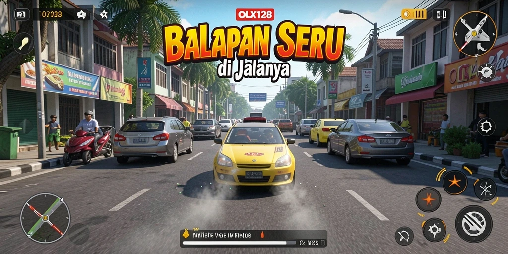 Screenshot gameplay OLX128 yang menunjukkan balapan seru di jalanan.